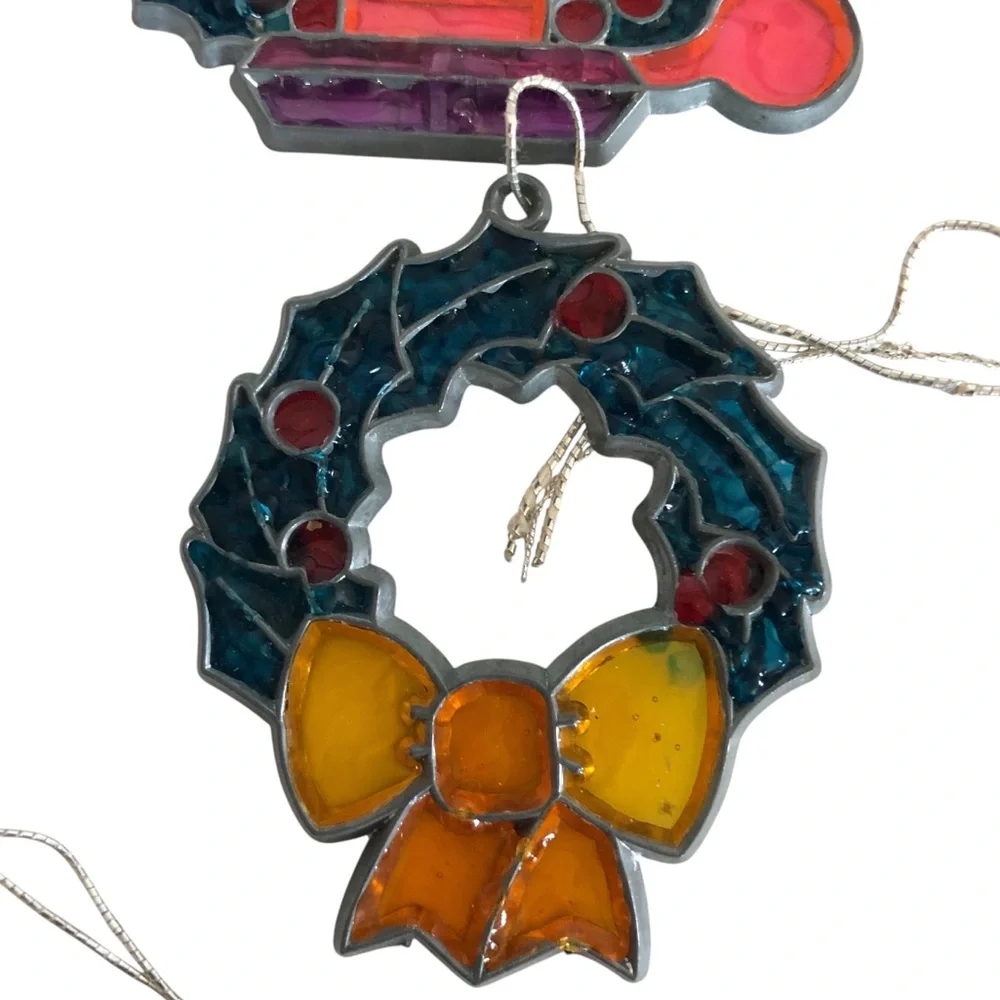 VINTAGE 80s 90s Lot of 8 Stained Glass Style Suncatcher Christmas Ornaments